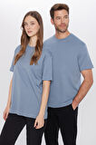 Unisex Relax Fit Rahat Kesim %100 Pamuk Yumuşak Dokulu Hafif Kalın Basic Bisiklet Yaka Mavi Tişört