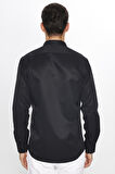Erkek Modern Slim Fit Dar Kesim Uzun Kollu Pamuklu Kolay Ütü Armürlü Siyah Gömlek