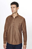 Erkek Regular Fit Klasik Kesim Pamuklu Armürlü Kahverengi Gömlek