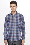 Erkek Slim Fit Dar Kesim Uzun Kollu Pamuklu Kolay Ütü Kareli Düğmeli Yaka Gömlek