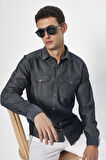 Erkek Slim Fit Dar Kesim Denim Kot Yıkamalı Çift Cepli İndigo Spor Yaka Gömlek