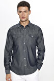 Erkek Slim Fit Dar Kesim Denim Kot Yıkamalı Çift Cepli İndigo Spor Yaka Gömlek