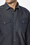Erkek Slim Fit Dar Kesim Denim Kot Yıkamalı Çift Cepli İndigo Spor Yaka Gömlek
