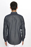 Erkek Slim Fit Dar Kesim Denim Kot Yıkamalı Çift Cepli İndigo Spor Yaka Gömlek