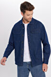 Unisex Relax Fit Rahat Kesim Denim Kot Kapaklı Çift Cepli Lacivert Overshirt Ceket Tarzı Gömlek