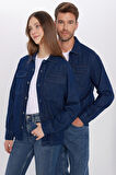 Unisex Relax Fit Rahat Kesim Denim Kot Kapaklı Çift Cepli Lacivert Overshirt Ceket Tarzı Gömlek