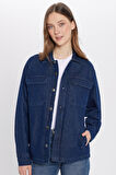 Unisex Relax Fit Rahat Kesim Denim Kot Kapaklı Çift Cepli Lacivert Overshirt Ceket Tarzı Gömlek