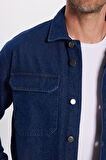 Unisex Relax Fit Rahat Kesim Denim Kot Kapaklı Çift Cepli Lacivert Overshirt Ceket Tarzı Gömlek