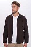 Unisex Relax Fit Rahat Kesim Fermuarlı Cepli Kışlık Kahverengi Overshirt Ceket Tarzı Dik Yaka Gömlek