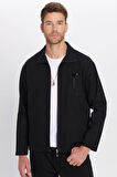 Unisex Relax Fit Rahat Kesim Fermuarlı Cepli Kışlık Siyah Dik Yaka Overshirt Ceket Tarzı Gömlek