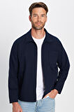 Unisex Relax Fit Rahat Kesim Fermuarlı Cepli Kışlık Lacivert Dik Yaka Overshirt Ceket Tarzı Gömlek
