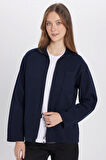 Unisex Relax Fit Rahat Kesim Fermuarlı Cepli Kışlık Lacivert Dik Yaka Overshirt Ceket Tarzı Gömlek