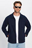 Unisex Relax Fit Rahat Kesim Fermuarlı Cepli Kışlık Lacivert Dik Yaka Overshirt Ceket Tarzı Gömlek