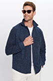Erkek Relax Fit Rahat Kesim Oduncu Apaş Yaka Tek Cep Kapaklı Armürlü Lacivert Kışlık Gömlek