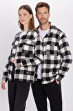 Unisex Relax Fit Rahat Kesim Oduncu Apaş Yaka Çift Cep Kapaklı Kareli Kışlık Gömlek