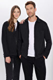 Unisex Relax Fit Rahat Kesim Örme Fermuarlı Çift Cepli Kışlık Siyah Kapüşonlu Yaka Gömlek