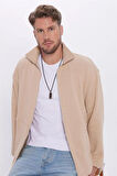 Unisex Relax Fit Rahat Kesim Örme Fermuarlı Çift Cepli Bej Kışlık Gömlek