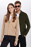 Unisex Slim Fit Dar Kesim Bej Dik Yaka Fermuarlı Düz Hırka