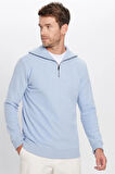 Unisex Relax Fit Rahat Kesim Fitilli Desenli Pamuklu Yarım Fermuarlı Mavi Dik Yaka Sweatshirt