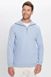 Unisex Relax Fit Rahat Kesim Fitilli Desenli Pamuklu Yarım Fermuarlı Mavi Dik Yaka Sweatshirt