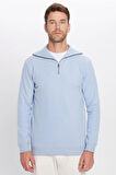 Unisex Relax Fit Rahat Kesim Fitilli Desenli Pamuklu Yarım Fermuarlı Mavi Dik Yaka Sweatshirt