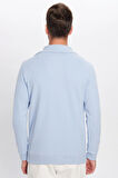 Unisex Relax Fit Rahat Kesim Fitilli Desenli Pamuklu Yarım Fermuarlı Mavi Dik Yaka Sweatshirt
