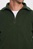 Unisex Relax Fit Rahat Kesim Fitilli Desenli Pamuklu Yarım Fermuarlı Yeşil Dik Yaka Sweatshirt