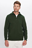 Unisex Relax Fit Rahat Kesim Fitilli Desenli Pamuklu Yarım Fermuarlı Yeşil Dik Yaka Sweatshirt