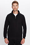Unisex Relax Fit Rahat Kesim Pamuklu Yarım Fermuarlı Siyah Dik Yaka Sweatshirt