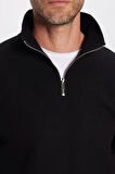 Unisex Relax Fit Rahat Kesim Pamuklu Yarım Fermuarlı Siyah Dik Yaka Sweatshirt