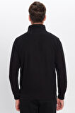 Unisex Relax Fit Rahat Kesim Pamuklu Yarım Fermuarlı Siyah Dik Yaka Sweatshirt