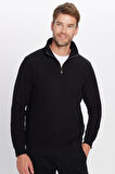 Unisex Relax Fit Rahat Kesim Pamuklu Yarım Fermuarlı Siyah Dik Yaka Sweatshirt