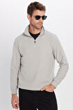 Unisex Relax Fit Rahat Kesim Pamuklu Yarım Fermuarlı Gri Dik Yaka Sweatshirt