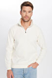 Unisex Relax Fit Rahat Kesim Fitilli Desenli Pamuklu Yarım Fermuarlı Ekru Dik Yaka Sweatshirt