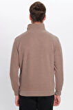 Unisex Relax Fit Rahat Kesim Fitilli Desenli Pamuklu Yarım Fermuarlı Kahverengi Dik Yaka Sweatshirt