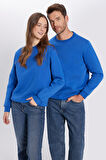 Unisex Oversize Geniş Kesim Pamuklu Yumuşak Dokulu Polarlı Basic Saks Mavi Bisiklet Yaka Sweatshirt