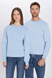 Unisex Oversize Geniş Kesim Pamuklu Yumuşak Dokulu İçi Polarlı Basic Mavi Bisiklet Yaka Sweatshirt