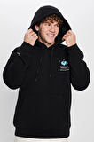 Unisex Oversize Geniş Kesim Pamuklu Yumuşak Dokulu İçi Polarlı Baskılı Siyah Kapüşonlu Sweatshirt