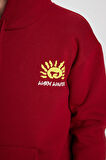 Unisex Oversize Geniş Kesim Pamuklu Yumuşak Dokulu İçi Polarlı Baskılı Bordo Kapüşonlu Sweatshirt