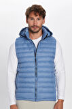 Erkek Slim Fit Dar Kesim Astarlı Rüzgar Geçirmez Cepli Mavi Çıkarılabilir Kapüşonlu Şişme Yelek