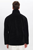 Unisex Relax Fit Rahat Kesim Yarım Fermuarlı Kanguru Cepli Siyah Dik Yaka Peluş Sweatshirt