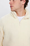 Unisex Relax Fit Rahat Kesim Yarım Fermuarlı Kanguru Cepli Ekru Dik Yaka Peluş Sweatshirt