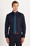 Erkek Slim Fit  Premium Likralı Pamuk Saten Lacivert Gömlek