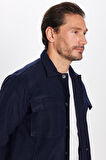 Erkek Relax Fit Rahat Kesim Cepli Düz Apaş Yaka Lacivert Mont Gömlek
