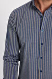Erkek Slim Fıt Dar Kesim Uzun Kollu Pamuklu Kolay Ütü Çizgili Gri Düğmeli Yaka Gömlek