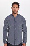 Erkek Slim Fıt Dar Kesim Uzun Kollu Pamuklu Kolay Ütü Çizgili Gri Düğmeli Yaka Gömlek
