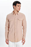 Erkek Slim Fit Dar Kesim %100 Pamuk Keten Doku Çift Cep Spor Yaka Somon Gömlek