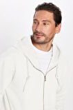 Unisex Relax Fit Rahat Kesim Pamuklu İçi Polarlı Çift Cepli Fermuarlı Beyaz Kapüşonlu Sweatshirt