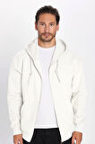 Unisex Relax Fit Rahat Kesim Pamuklu İçi Polarlı Çift Cepli Fermuarlı Beyaz Kapüşonlu Sweatshirt
