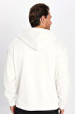 Unisex Relax Fit Rahat Kesim Pamuklu İçi Polarlı Çift Cepli Fermuarlı Beyaz Kapüşonlu Sweatshirt